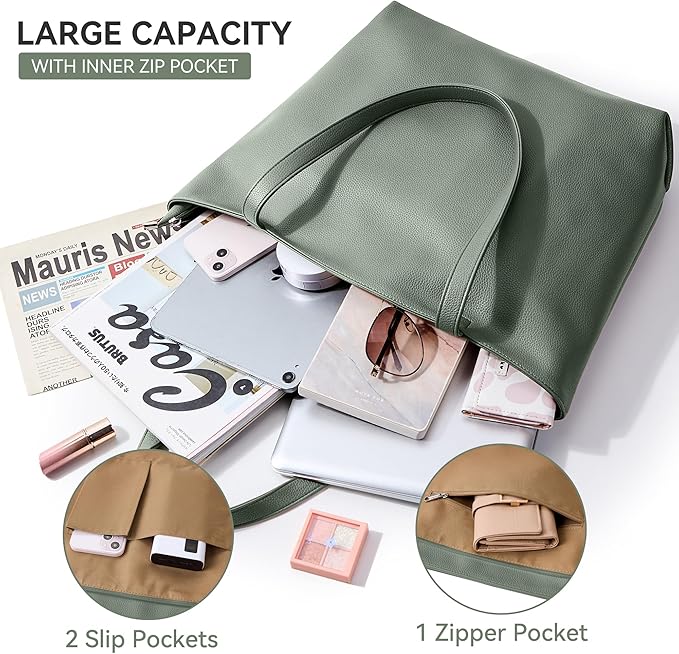 WLLWOO Soft Vegan Leather Tote Bag for Women Large Casual Hobo Handbags Zipper Shoulder Work Daily Weekender Travel Purse