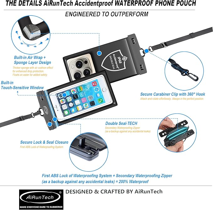AiRunTech Waterproof Phone Pouch,Double Seal Floating Phone Case for Swimming Kayak Paddle Board,Protector iPhone 17 16 15 14 13, River Lake Canoe Boating Beach Accessories(Iridescent Pink+Black)