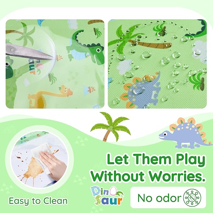 Kids Travel Tray Table Cover with Pockets – Airplane Essentials for Toddlers 1-3, Portable Activity Organizer for Plane, Train, Car & Highchair, Washable Dinosaur Design (Green)