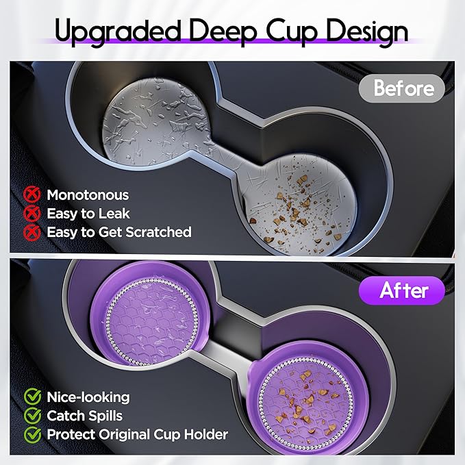 Amooca Car Cup Coaster Universal Non-Slip Cup Holders Bling Crystal Rhinestone Car Interior Accessories 4 Pack Purple