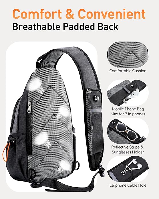AGPTEK Sling Bag for Men Women, RFID Crossbody Daypack with Water Bottle Holder, Large Capacity EDC Chest Bag for Travel Day Trip Hiking Gym Cycling, Grey
