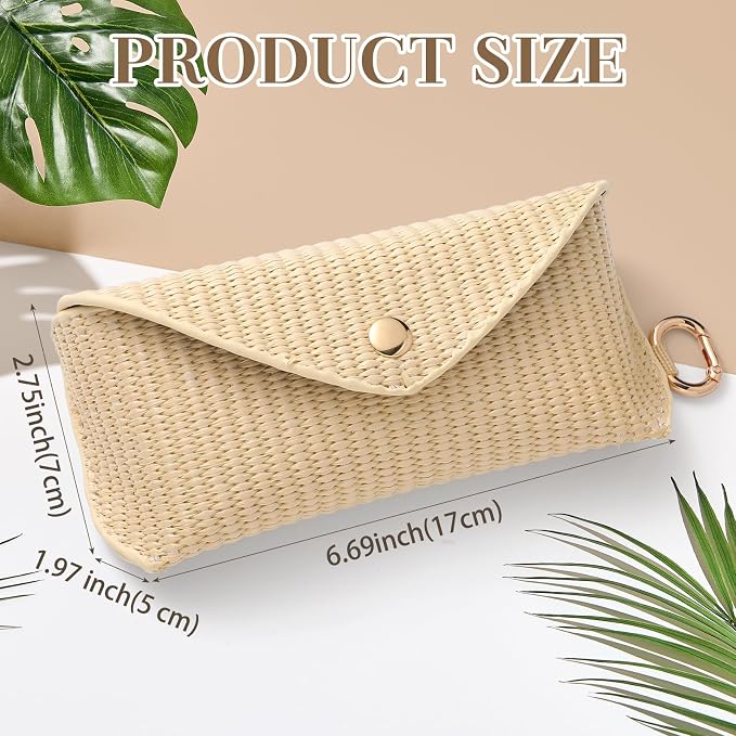 Leinuosen Woven Straw Sunglasses Case with Clip, Hard Shell Boho Rattan Pouch, Portable Travel Beach Accessory for Women Girl
