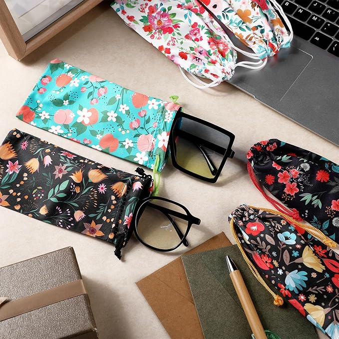 Shinylin 24 Pcs Sunglass Pouch Drawstring Microfiber Pouch Multicolor Soft Sunglasses Case Sunglasses Bag Eyeglass(Vivid Colors,Flower)