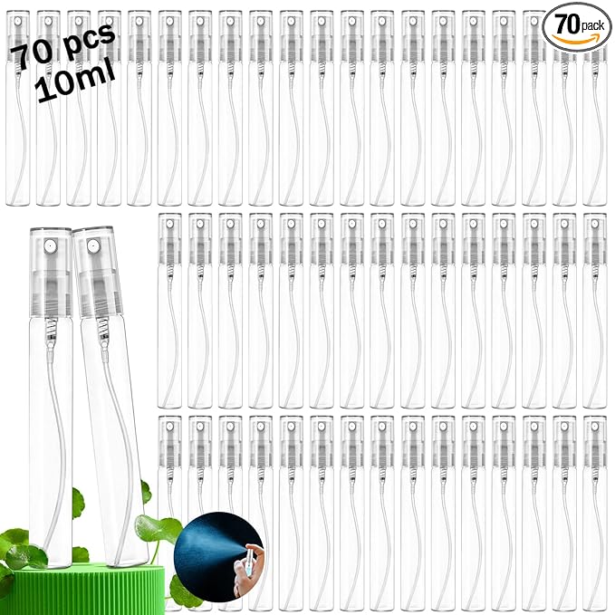 Mini Spray Bottles 70PCS 10ML Clear Glass Perfume Bottles Refillable Fine Mist Spray Bottles Empty Fragrance Sample Spray Containers Cosmetics Atomizer for Cleaning,Travel,Essential Oils