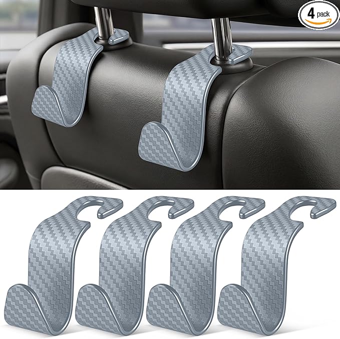 SINGARO Universal 4 Pack Car Seat Headrest Purse Hook, Carbon Fiber Back Seat Hook Storage Organizer Hanger for Purse Handbag Coat, Car Interior Accessories(Gray)