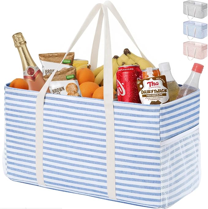 Lifewit Extra Large Tote Bag, Reusable Grocery Bags with Metal Wire Frame and Handles, Standing Utility Foldable Shopping Bags for Storage, Picnics, Beach, Laundry, Car, 46L, 1 Pack, Blue