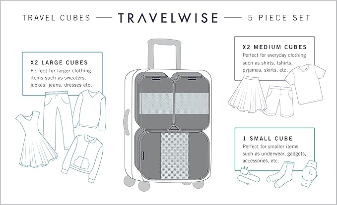 Travel Wise Packing Cubes for Travel - 5 Piece Set with Pattern Design, Lightweight Ripstop Nylon Luggage Organizers with Mesh Panel, Small Medium Large Sizes