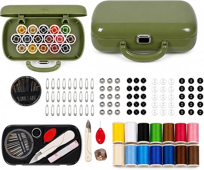 WANSHUNLMI Portable Sewing Kit Basic, 150 Pcs Sewing Supplies & Accessories Organizer for Adults,Beginner,Home,Travel,Emergency Including Scissors,Measure Tape,Needle Threader and More (Used Green)