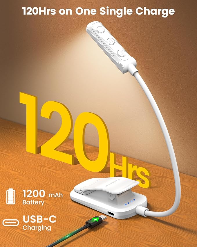 Glocusent 13 LED Rechargeable Book Light for Reading at Night, Eye-Caring 3 Amber Colors & Stepless Dimming, Lasts 1 Week to 2 Months, Travel Clip on Lamp, Gifts for Book Lovers, Men, Women & Kids