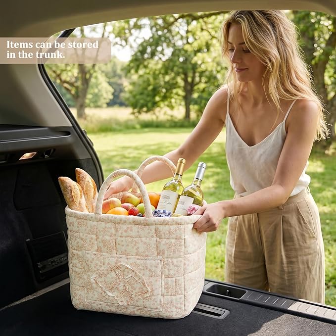 Floral Fabric Storage Basket Car Interior Storage Basket Underwear Sundries Laundry Baskets Supplies Home Organizer Bag (Pink Floral)