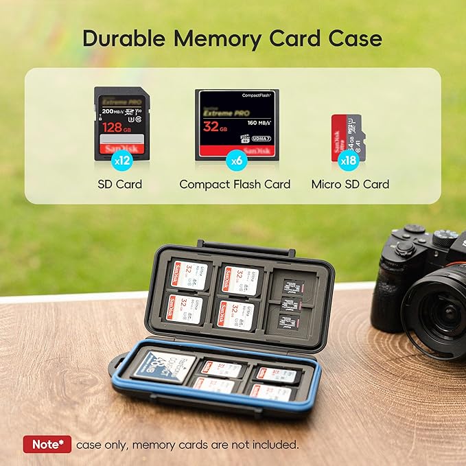 JJC Memory Card Case for 6 Cfast Compact Flash Cards, 12 SD Cards & 18 Micro SD Cards, Water-Resistant SD CF Card Holder with A Free Carabiner