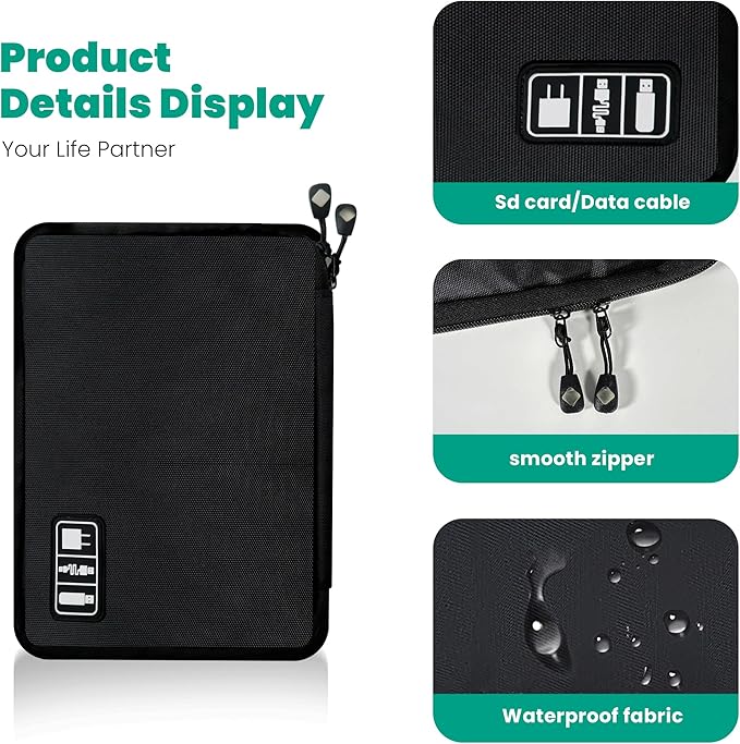 Cord Organizer Travel, Electronics Organizer Tech Pouch - Portable Cable Organizer Bag for Cords, Charger, Phone, SD Card, Power Bank for Travel & Daily Use -Black Green