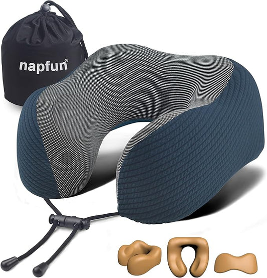 napfun Neck Pillow for Traveling, Upgraded Travel Neck Pillow for Airplane 100% Pure Memory Foam Travel Pillow for Flight Headrest Sleep, Portable Plane Accessories, Deep Blue
