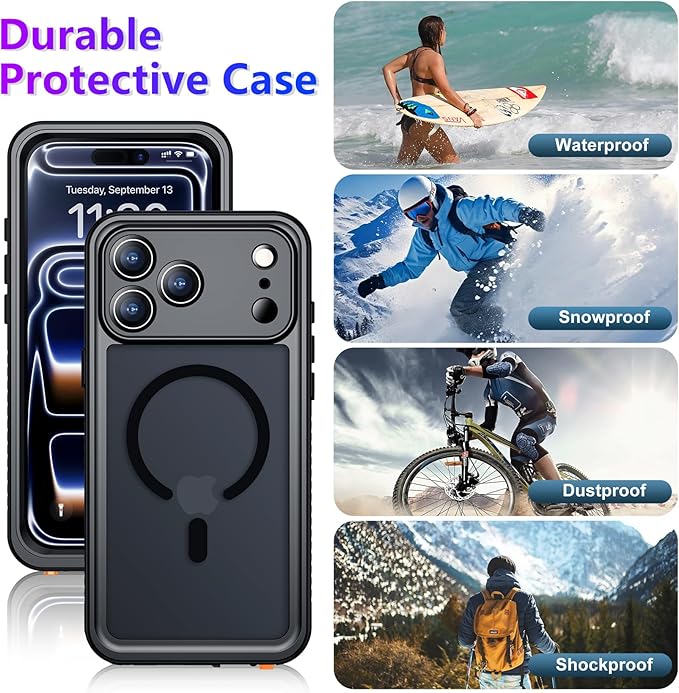 Magnetic Compatible with iPhone 17 Pro Case,Waterproof Built-in Screen & Camera Protector IP68 Underwater Full Body Military Dropproof Translucent Matte Phone Case 6.3"-Mag/Black