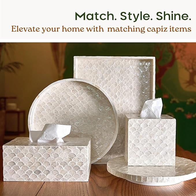 CHI AN HOME 5.5” Capiz Tissue Box Cover, Square Decorative Tissue Holder with Bottom Slider, Handmade Bathroom Accessories, Elegant White Cube for Vanity, Bedroom, Office & Coastal Décor (Natural)