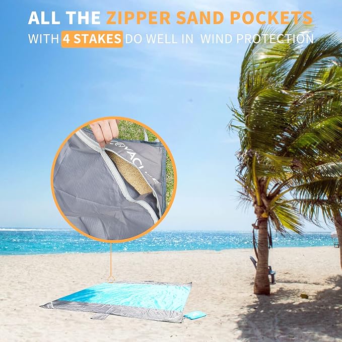covacure Extra Large Beach Blanket Sandproof Waterproof - 108"x85" for 7-8 Adults, Oversized Portable Beach Mat with Zipper Pockets, Lightweight Durable Outdoor Accessories for Beach, Camping, Travel