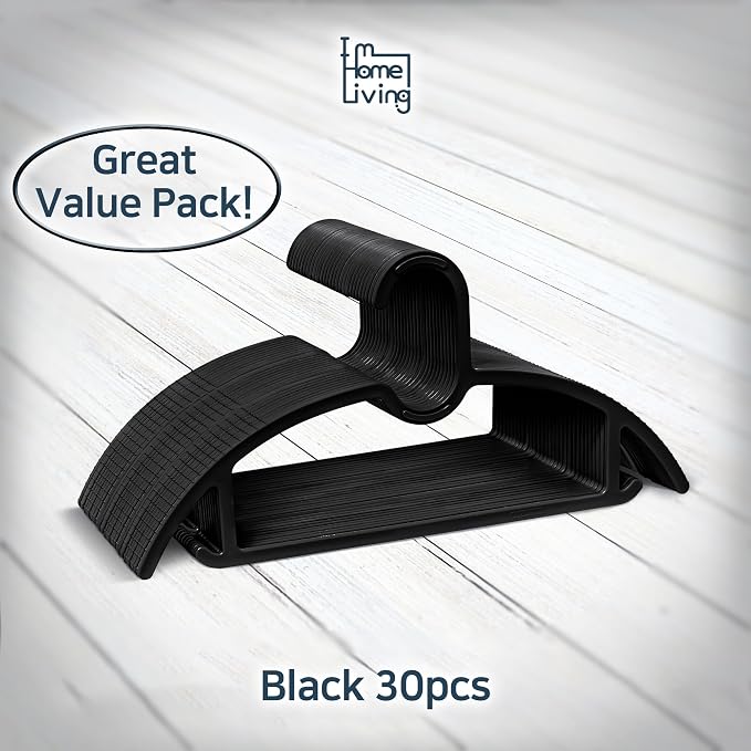 15" Compact Slim & Slimlink Interlocking Clothes Hangers, Space-Saving Lightweight Plastic Hangers for Small Closets, Dorms, Apartments, Travel, RVs & Petite Clothing (Black, 30)
