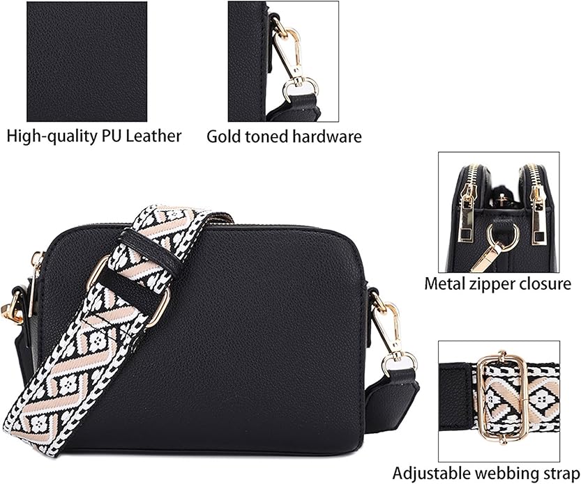 EVVE Crossbody Bags for Women Trendy Triple Zip Small Crossbody Camera Bag Purse with Wide Guitar Strap