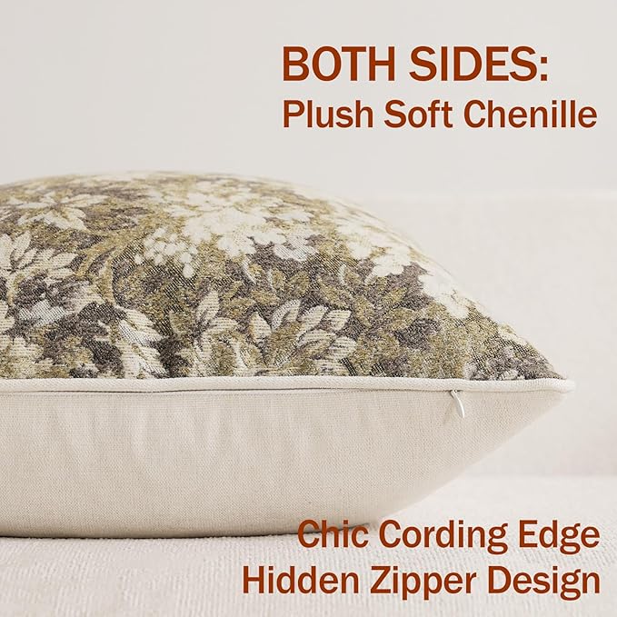 DEZENE Pack of 2 Vintage Floral Euro Sham Covers 26x26 Boho Farmhouse Accents Chenille Square Decorative Throw Pillow Cases for Living Room Couch Bed Home Decor, Beige