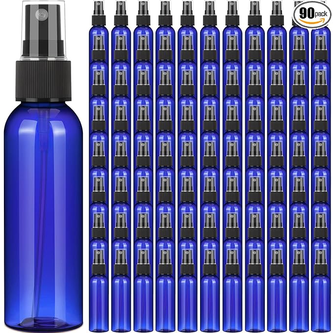 Nuogo 90 Pack 4 Oz Plastic Mini Spray Bottles Reusable Travel Size Perfume Refillable Mist Sprayer Empty Bottle for Essential Oil(Blue)