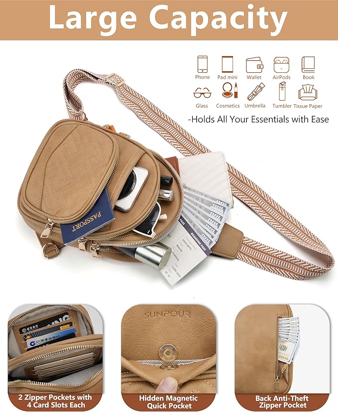 Anti Theft Crossbody Bags for Women, RFID Vegan Leather Sling Purse for Travel, Chest Bag, Cross Body Purses & Fanny Packs(Camel)