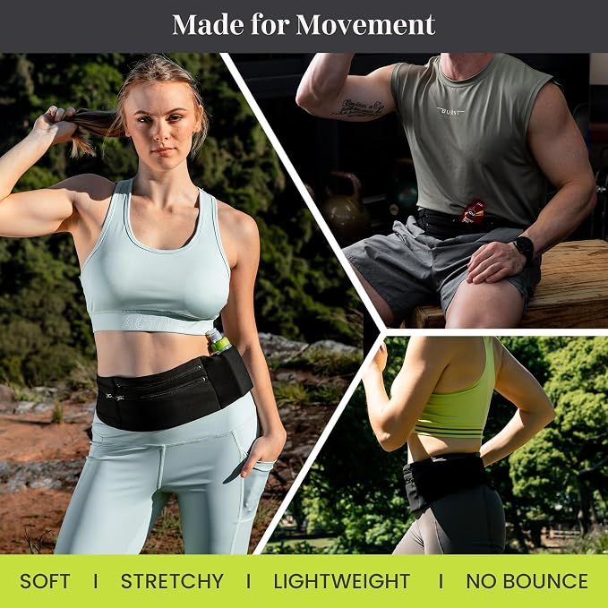 StashBandz Adjustable Running Belt - 3 Zippered Pockets + Water Bottle Holder, No-Bounce Travel Money Belt – Slim Sports Fanny Pack, Waist Pack with Key Clip, Fits Any Size Phone, Passport & More