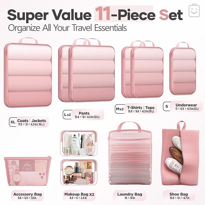 Veken 11 Set Compression Packing Cubes for Travel Essentials,Compressible Expandable Large Luggage Suitcase Organizer Bags for Clothing,Durable Space Saver Storage Bags with Toiletry Bags(Pink)