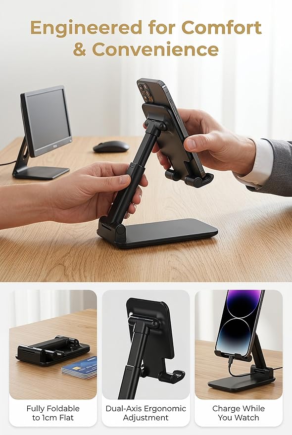 Phone Stand for Desk, Cell Phone Holder Cute Smart Cellphone Stand Foldable Stands Compatible with Under 8" Devices, Office Accessories, Black, 1