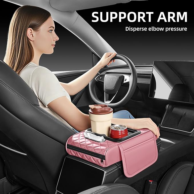 5 in 1 Car Center Console Cover, Armrest Pad with 2 Storage Pockets, Cup Holder, Tissue Slot, Phone Holder, Nappa Leather Memory Foam Car Accessories for SUV Sedan Truck (Pink)