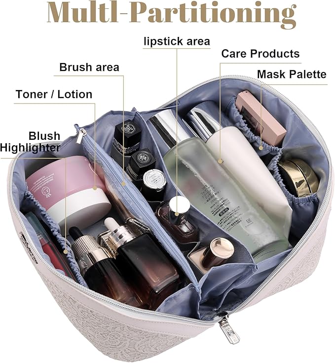 BOYATU Travel Makeup Bags Cosmetic Organizer Bag: 3 Pcs Set Large Capacity Make up Bag with Compartments - Waterproof Leather Toiletry Bags with Handle for Women (A-White)