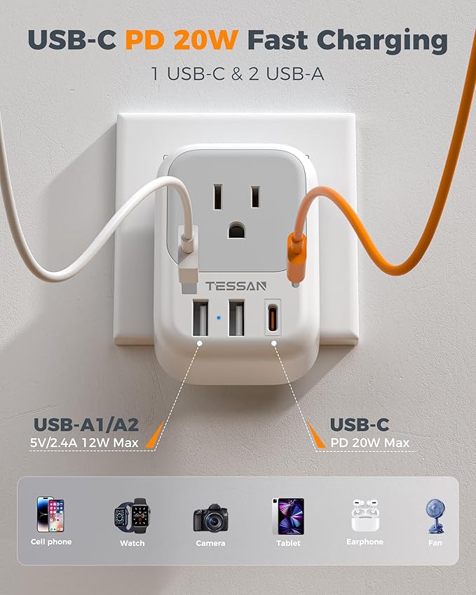 TESSAN European Travel Plug Adapter USB C 3 Pack, PD 20W US to Europe Plug Adapter with 4 AC Outlets 3 USB Ports, Type C Power Adaptor for USA to EU Euro Spain France Iceland Italy Germany Greece