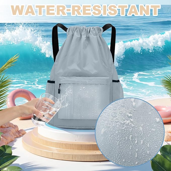 Tygelluis Drawstring Backpack, Waterproof Gym Bag with Water Bottle Pocket for Women Men, Pull String Sport Bag for Swim, Soccer and Basketball, Light Gray