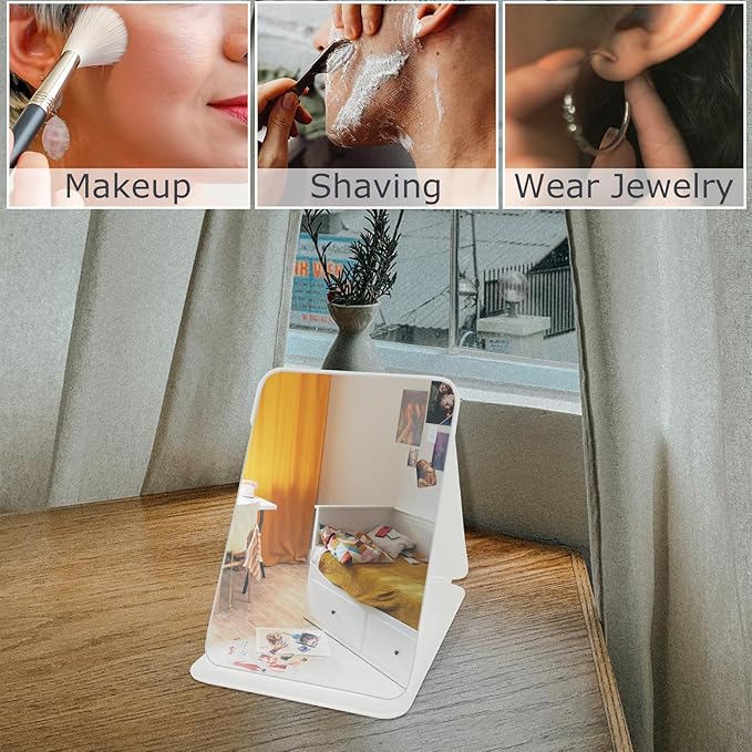 Makeup Mirror, 4x6 Inches Portable PU Leather Mirror, Folding Desktop Vanity Mirror with Adjustable Stand for Vanity Table, Office, Travel (S, White)