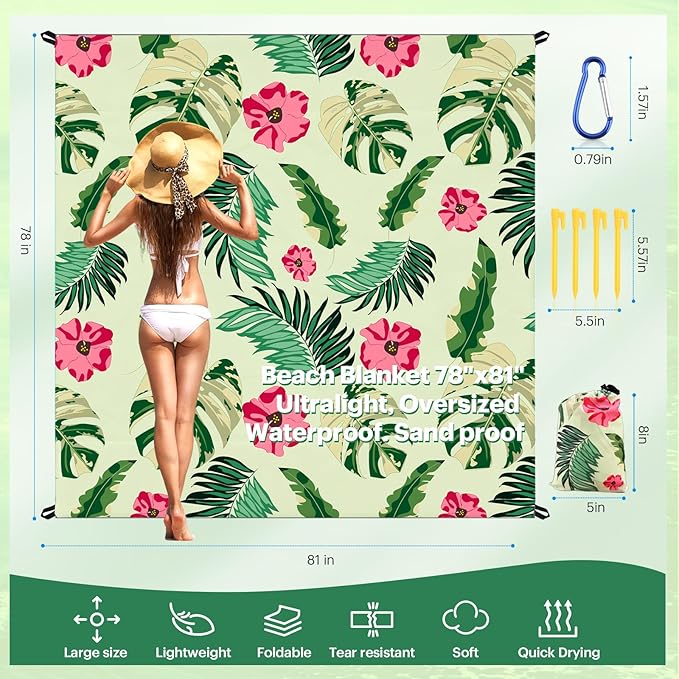 EASYFUN Beach Blanket Sandproof Oversized, 79''×83'' Extra Large Beach Mat, Portable Picnic Mat for Travel Camping Hiking, Lightweight Beach Essentials Family Water Resistant Mat