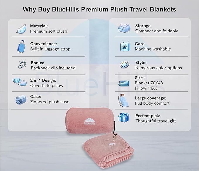 BlueHills Travel Blanket Pillow Rolled Premium Soft Plush Airplane Throw Traveling Gifts Compact in a Bag 70 X 48 inches Long Plane Flight Portable Lightweight Pink R02