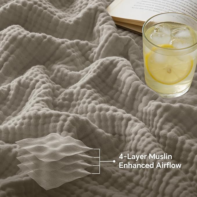 BEDELITE 100% Cotton Muslin Blankets for Adults - 4-Layer King Size Breathable and Lightweight Gauze Blanket for Couch, Bed, Travel and Summer, Soft & Cozy Gift for Women, Taupe, 108"x90"