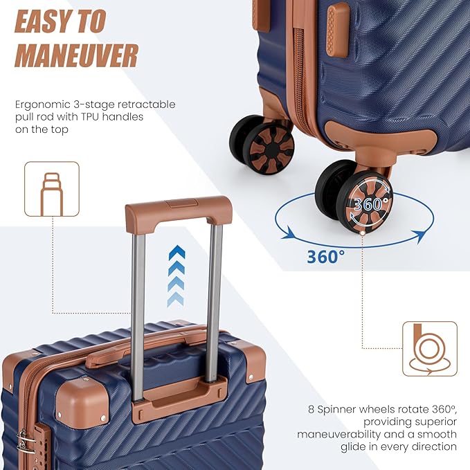 Cosbarn Carry On Luggage 22x14x9 Airline Approved, Hardside 20 Inch Carry on Suitcases with Wheels, Hard Shell ABS Lightweight Carry on Luggage Set, Travel Suitcase Set with TSA Lock, DarkBlue