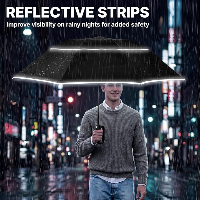 G4Free 46inch Ring Buckle Umbrella, Inverted Design with Carabiner Handle, Compact Travel Umbrella with Reflective Strip, Automatic Windproof for Rain