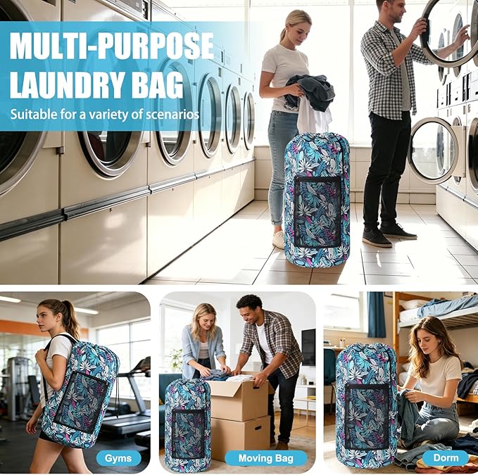 Portable with Adjustable Shoulder Straps Travel Dirty Laundry Bag,with Drawstring Closure & Mesh Pocket Backpack Laundry Bag for College,Apartment,Camping(Green Leaf)