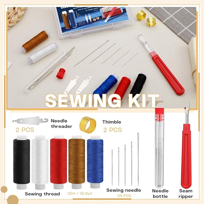 SHWAKK 37 PCS Travel Sewing Kit, Big Eye Steel Sewing Needles Kit, Steels Needle for Hand Sewing with Thimble, Threader, Thread Rippers for Beginner Traveler and Clothing Repair