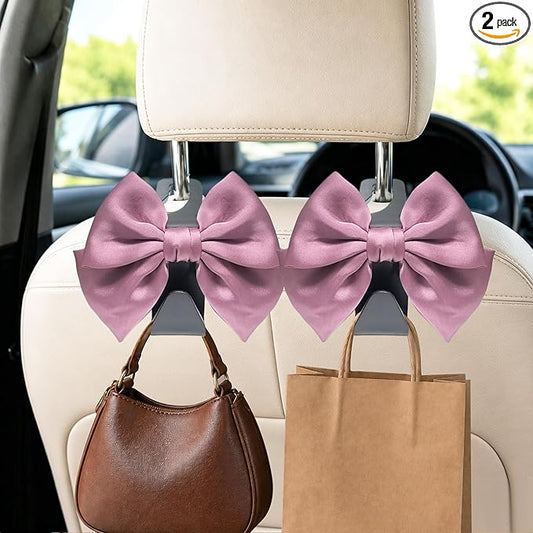 2 Pack Car Purse Hooks, Cute Bow Car Seat Headrest Hook Hanger for Purses and Bags, Space-Saving Car Accessory (Leather pink)