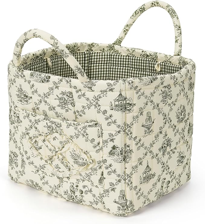Floral Fabric Storage Basket Car Interior Storage Basket Underwear Sundries Laundry Baskets Supplies Home Organizer Bag (Green)