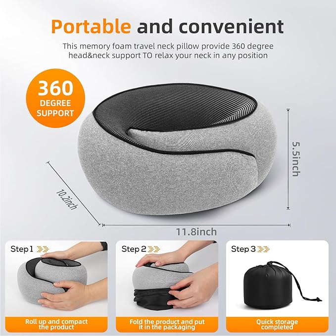 Travel Neck Pillows for Airplanes, Premium 100% Memory Foam Neck Pillow with Alternative Skin-Friendly Silk Cover - Upgrade Liner Enables Easy Pillowcase Cleaning, Travel Pillow Fits Plane, Car, Train