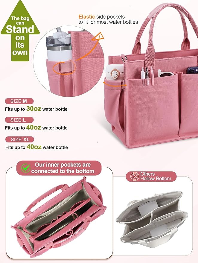 FIORETTO Womens Canvas Tote Bag Purse with Individual Compartment, Zipper Top, Reinforced Bottom & Luggage Sleeve