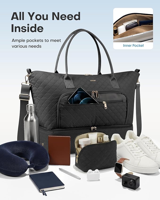 HOTOR Travel Duffle Bag for Women - Carry on Bag with Toiletry Pouch & Shoe Compartment, Large Overnight Weekender Bags for Gym, Business Trips, Sports and Hospital, Black, 18.1" x 8.7" x 15.8"