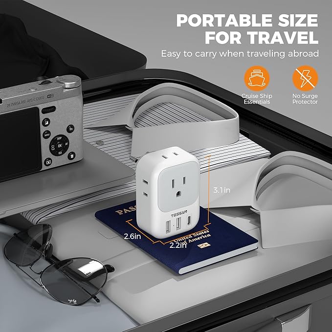 Switzerland Travel Plug Adapter 2 Pack, TESSAN Type J Adaptor with 4 Outlets 3 USB Charging Ports(1 USB C PD 20W), Swiss Travel Plug for US to Switzerland, Liechtenstein, Rwanda