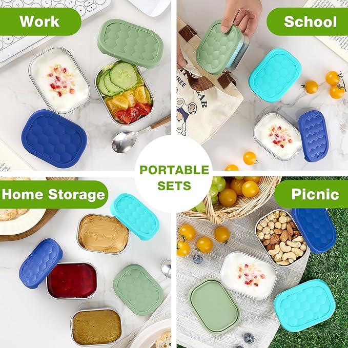 Gencywe 3 Pack Stainless Steel Snack Containers for Kids, 8 oz Easy Open Leak Proof Small Toddler Snack Containers with Silicone Lids, Stackable Metal Lunch Box for Daycare and School (Blue)