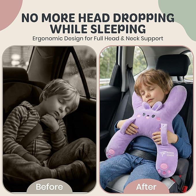 Kids Car Sleeping Pillow - H-Shaped for Neck & Back Support - Hands & Seat Belt Slot - Machine Washable & Compressible - Perfect for Car, Plane, Train, Boat & More - Purple