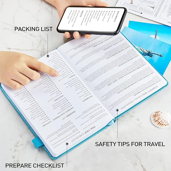JUBTIC Travel Journal, Vacation Planner with Budget Tracker and Checklist, A5 Size Trip Planner, Diary Notebook for 6 Trips, Travel Gifts Accessories for Women, Men & Couples (Aquamarine)