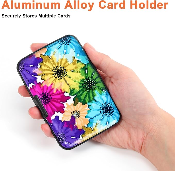 Mayski Credit Card Holder, RFID Blocking, Aluminum Alloy Hard Case, Small Mini Business Metal Wallet for Women Men, Colorful Flowers